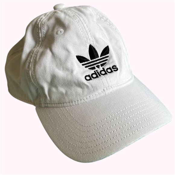 Adidas White TriFoil Logo Baseball Cap OSFM Strapback Mens Cotton Tennis Prep - Picture 1 of 8